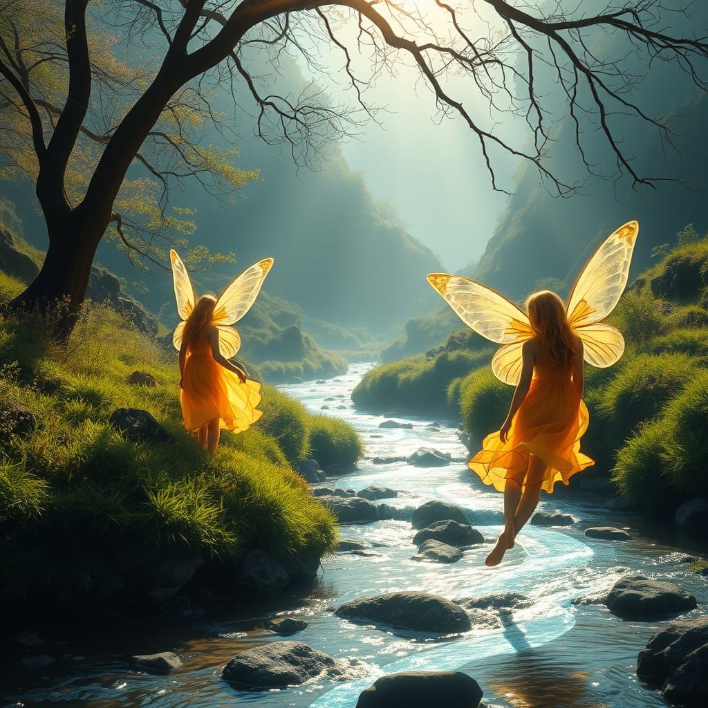 Enchanted Valley with Rainbow River and Fairies in Golden At...