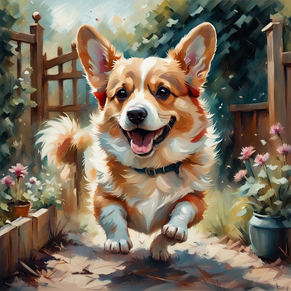 Playful Corgi in Sunny Garden Oil Painting