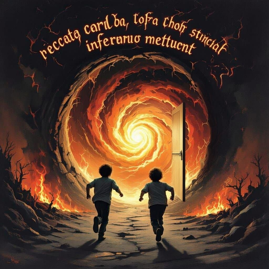 Boys Fleeing into Hell Portal from Divine Grace