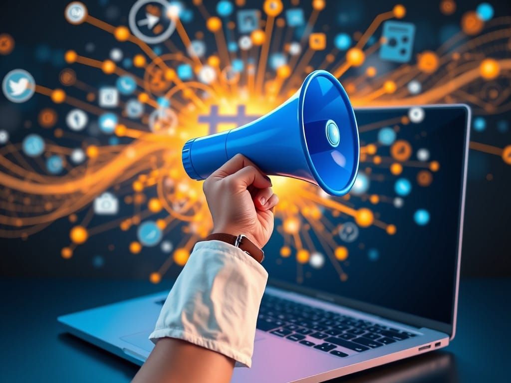 Hand Emerges from Laptop Screen with Vibrant Blue Megaphone...