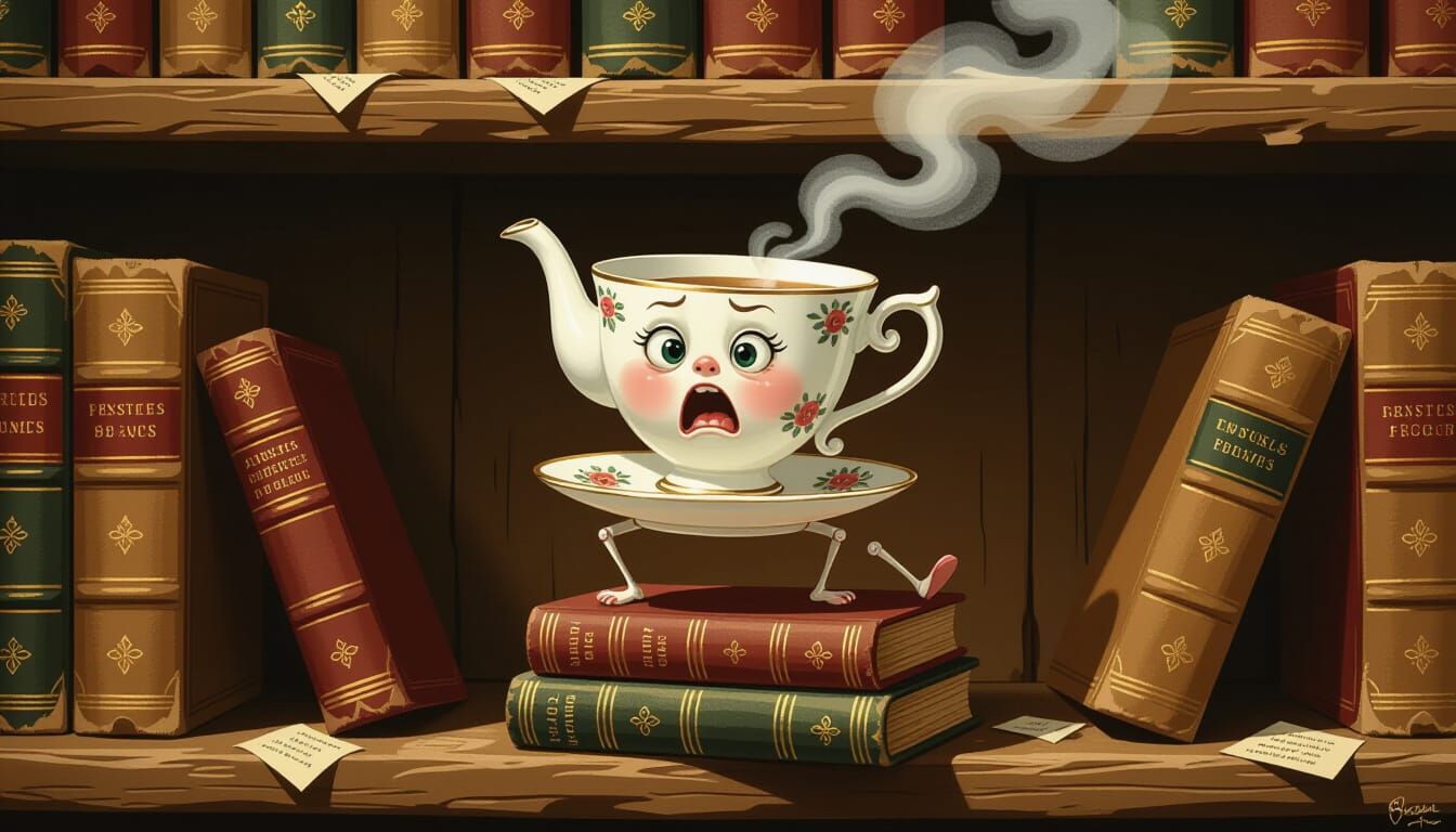 Panicked Teacup Balancing on Books in Dusty Library