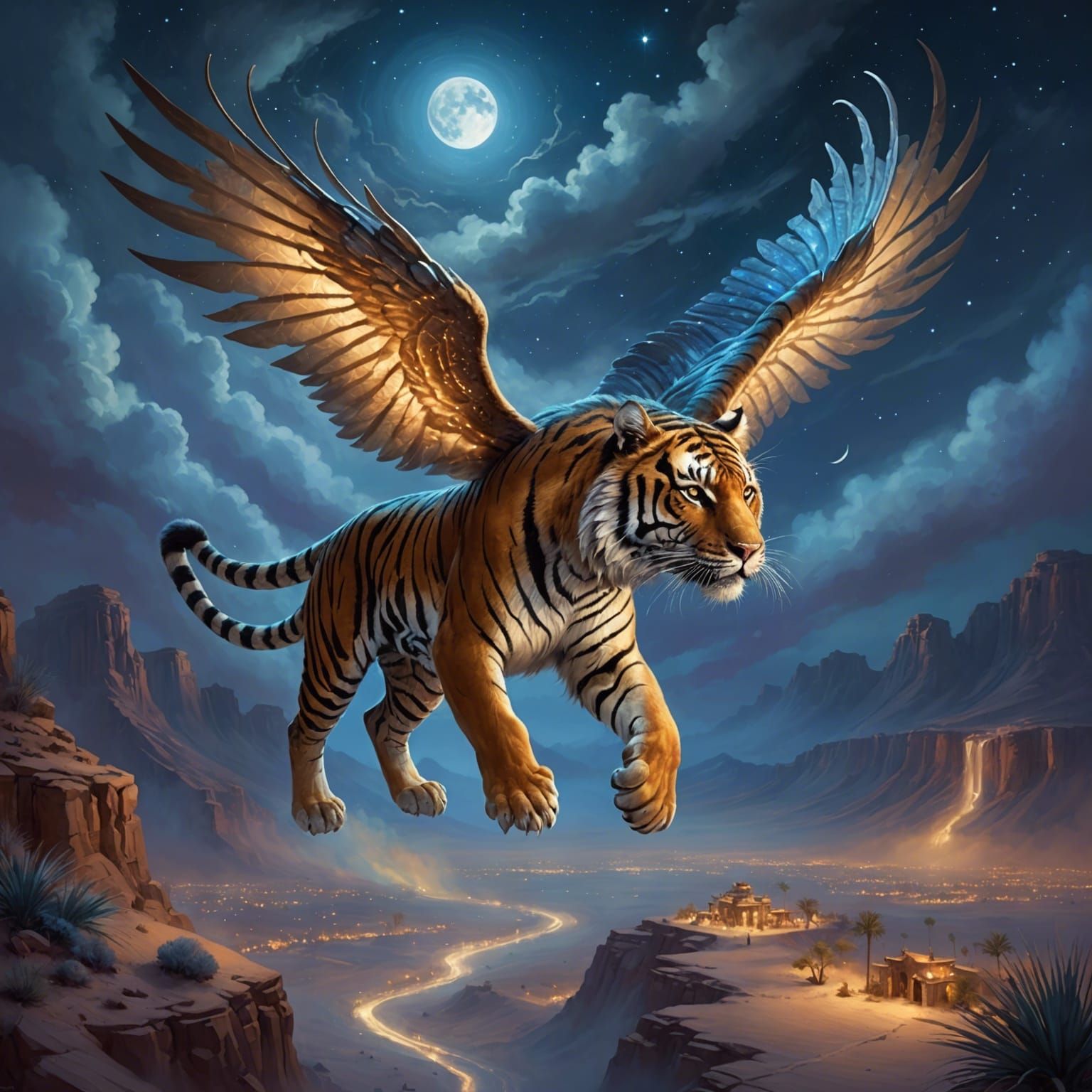 Winged Tiger Flight Over Desert Night: Ethereal Fantasy