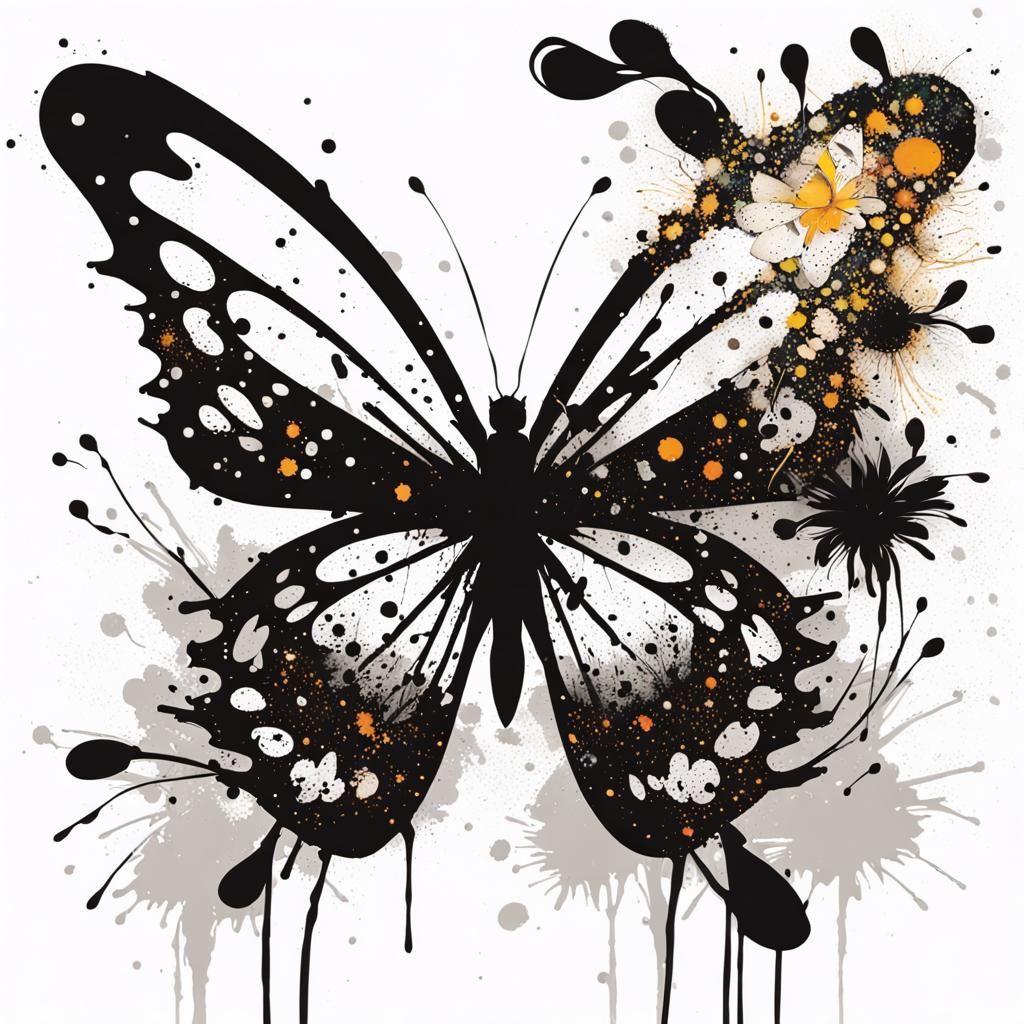 Ink Splatter Butterfly on Detailed Flower
