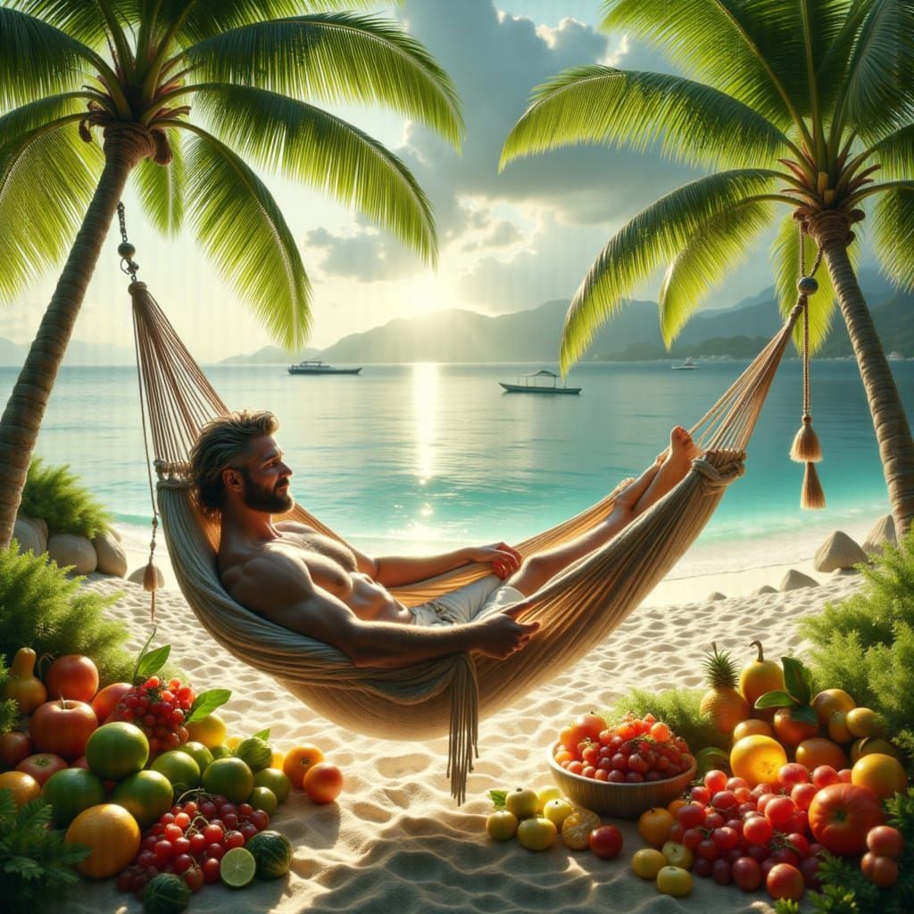 Greek Man Relaxing in Hammock on Tropical Island