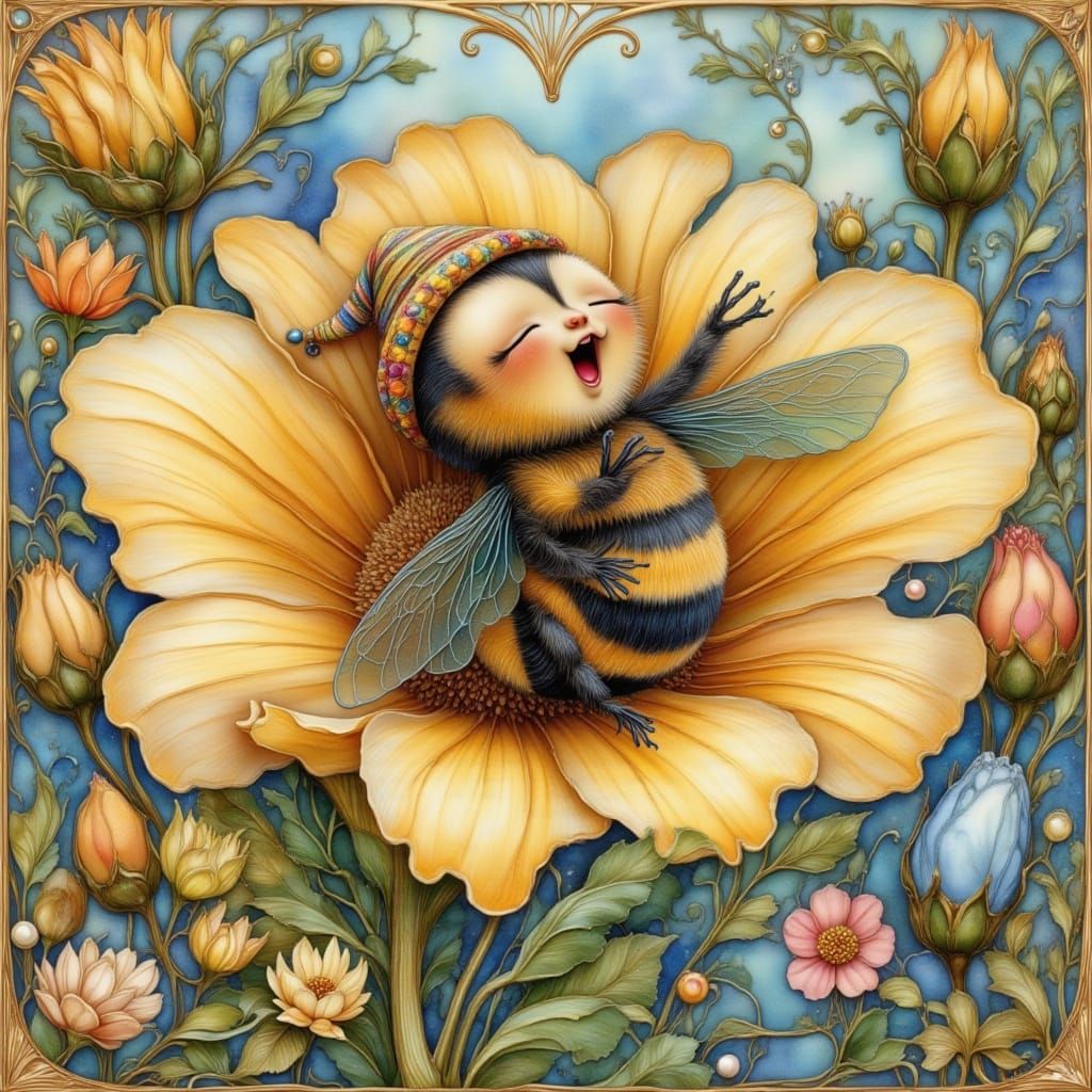 Sleepy Bumblebee in Flower, Vintage Illustration