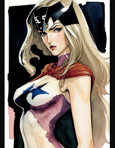 Dynamic Superheroine in Watercolor and Ink Style
