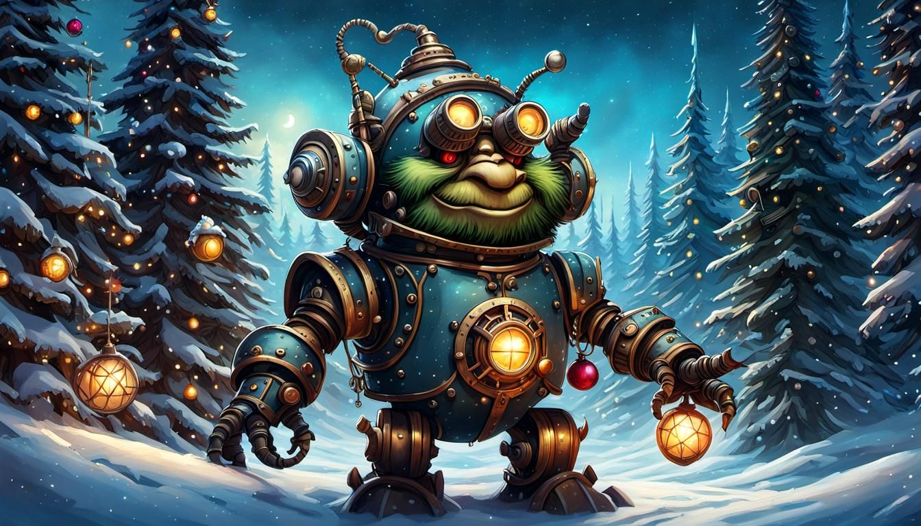 Troll-Droid Putting Lights in Trees for Christmas
