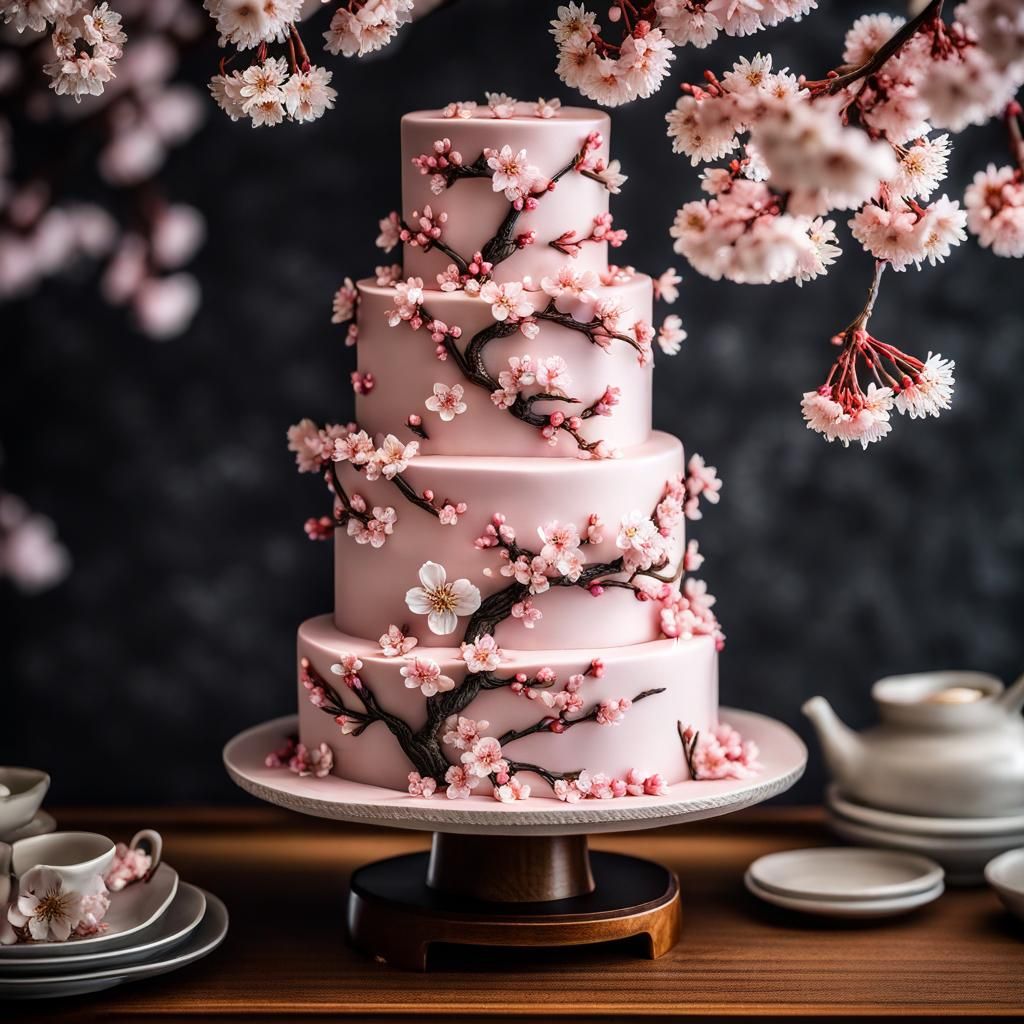 Japanese Wedding Cake with Cherry Blossoms