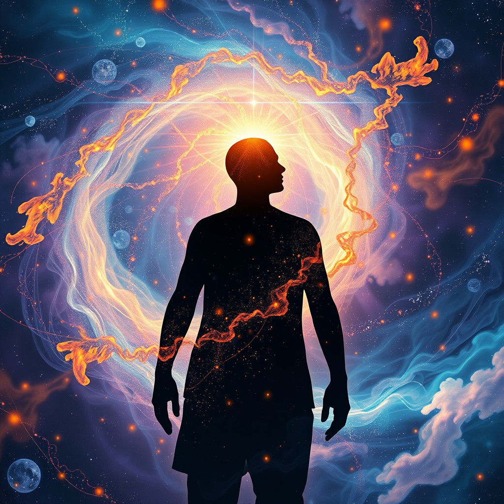 Cosmic Silhouette: Quantum Awakening in Surreal Style