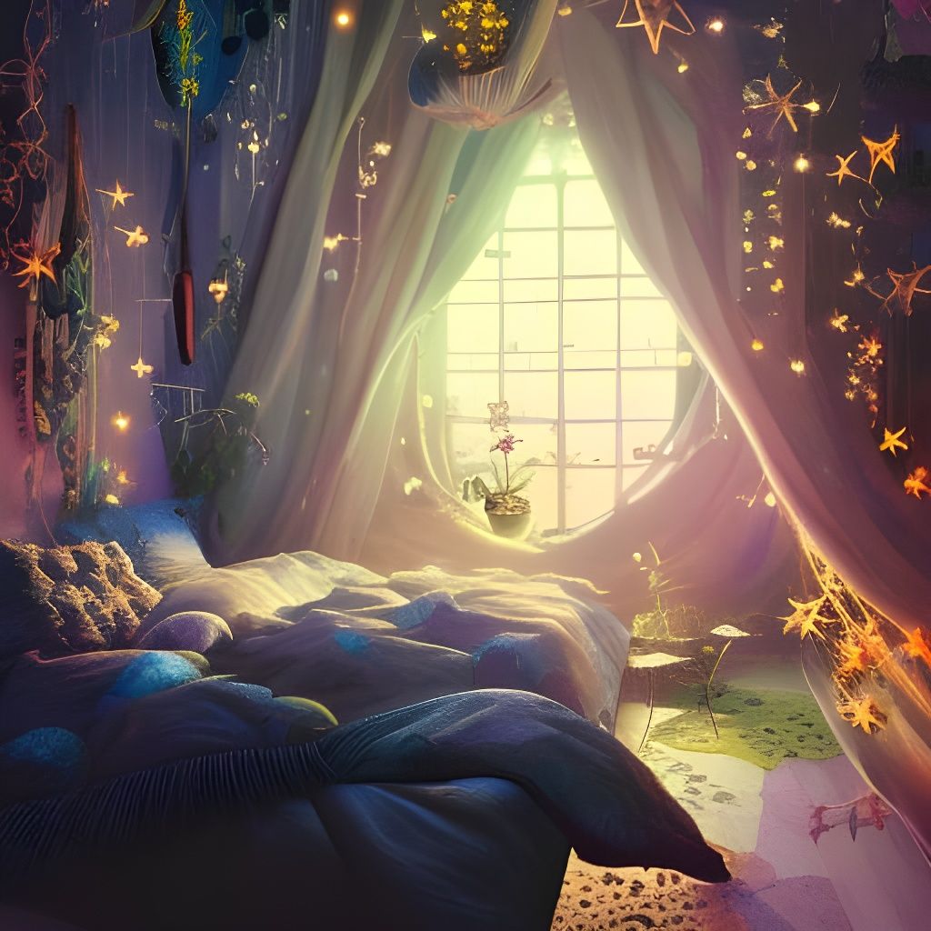 Cozy Bedroom with Glowing Stars: Digital Illustration