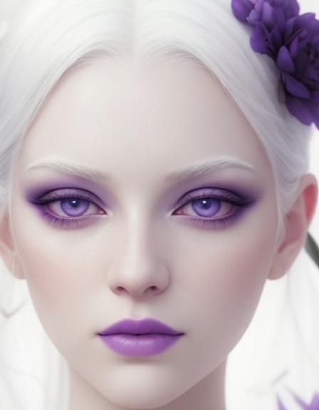 Ethereal portrait of a beautiful albino young lady with white hair and light purple eyes with White eyelashes and purple...