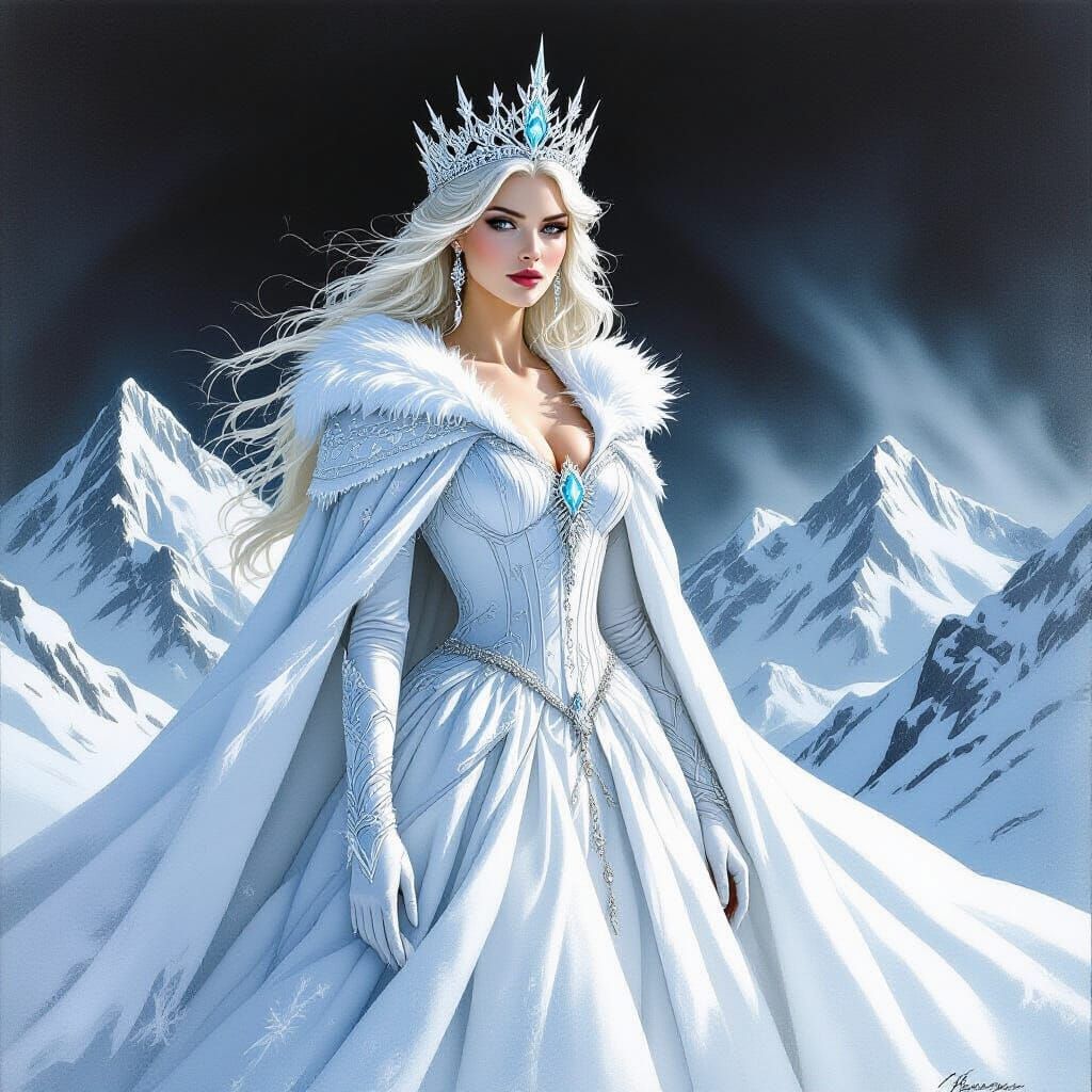 Snow Queen in Mountain Landscape as Charcoal Drawing