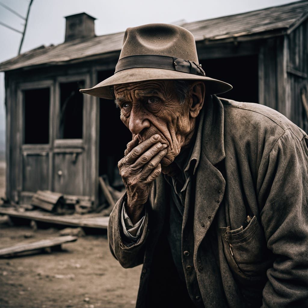 Desolate Farmer in Gloomy Shack, Cinematic Film Still