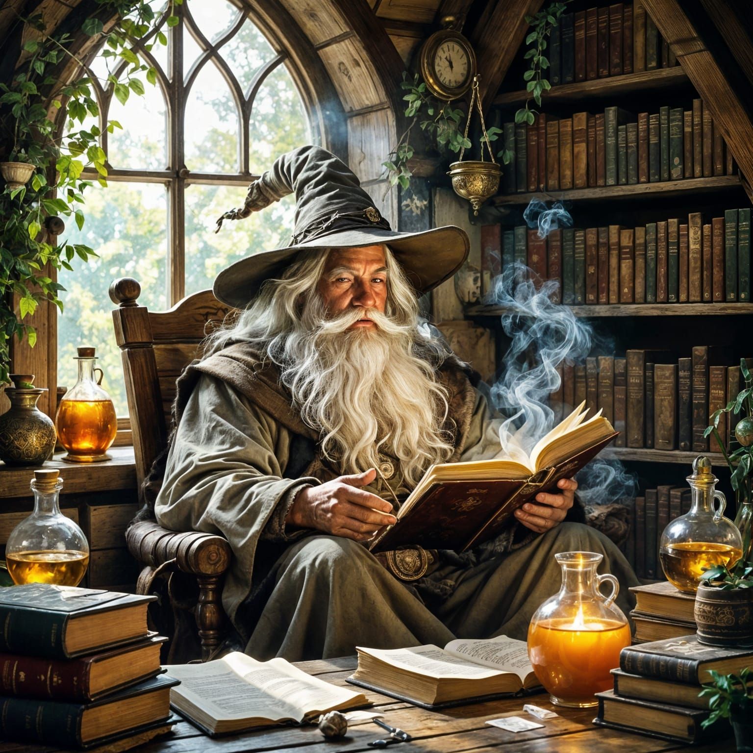 Wise Wizard in Cozy Cottage, Fairy Tale Illustration