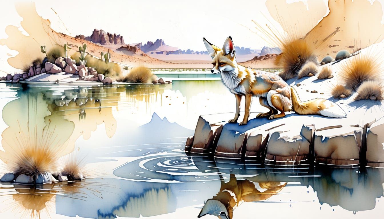 Serene Desert Oasis with Fennec Fox in Watercolour Style