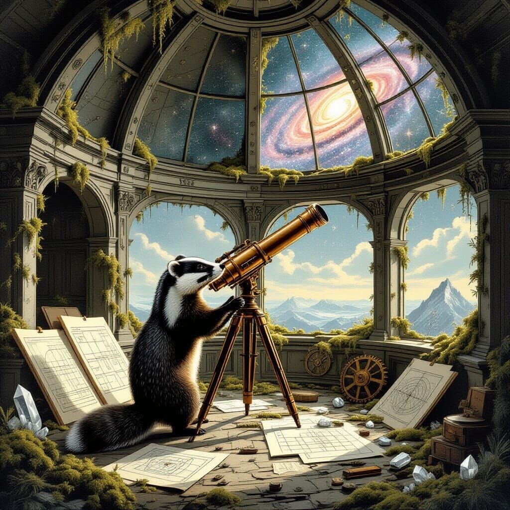 Badger Polishes Telescope in Victorian Observatory