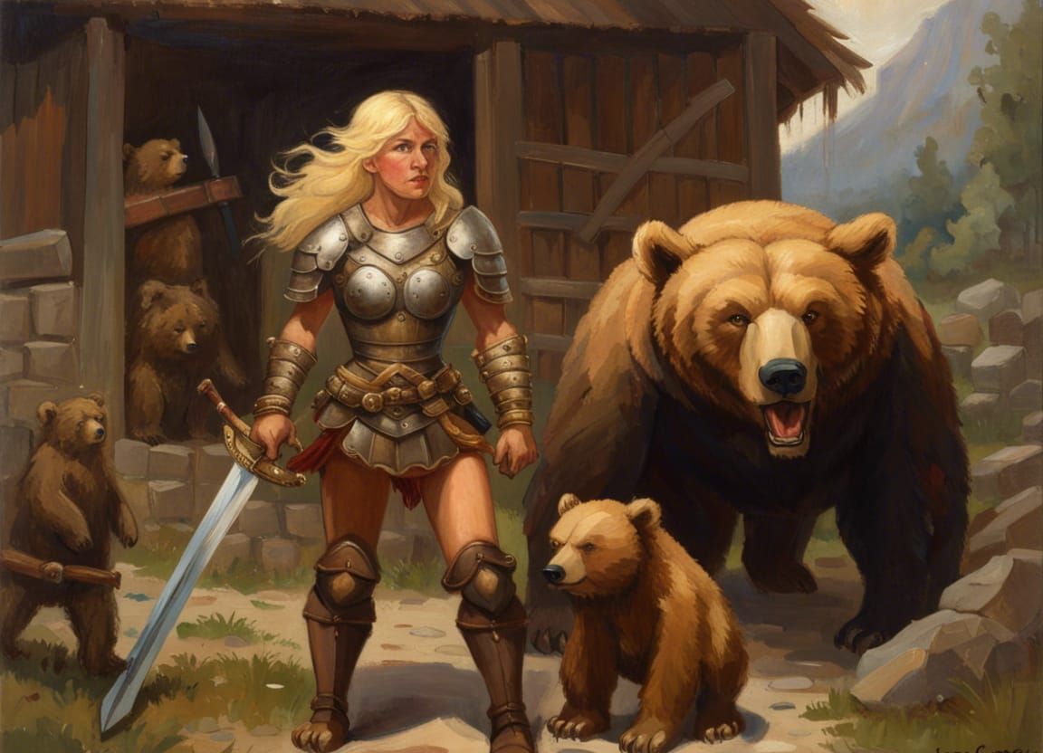 Fierce Warrior Woman Confronts Bears: Oil Painting