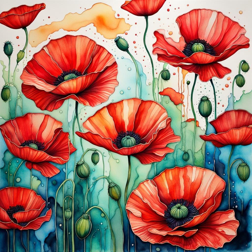 Red Poppies: Melanin Watercolor Ink Drawing