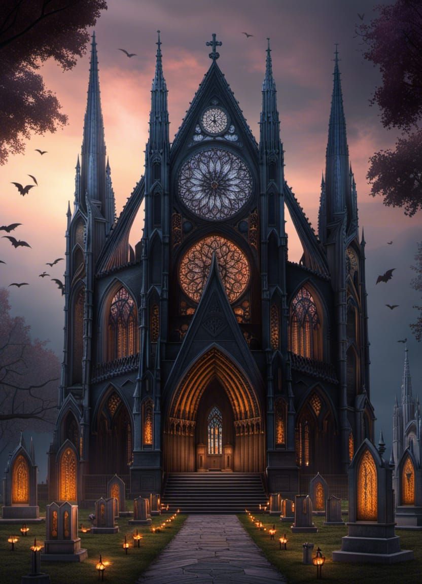 Gothic Cathedral in Cemetery with Bats