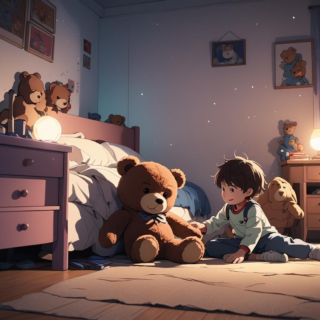 Teddy Bear Defends Child in Anime-Style Scene