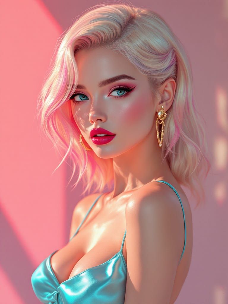 Blond Pin-Up Woman in Metallic Cyan Dress