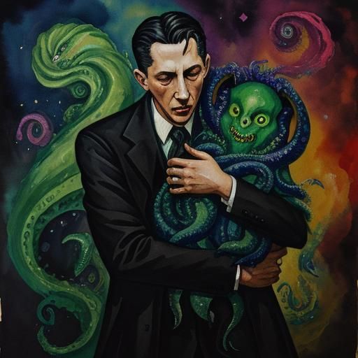Lovecraft Hugs Cthulhu in Gouache Style