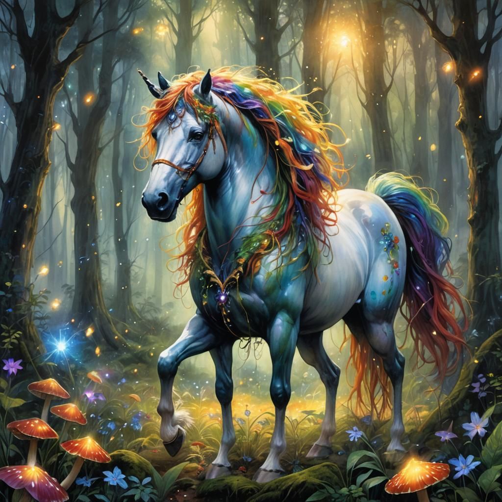 Rainbow Horse in Mystical Forest, Fantasy Concept Art