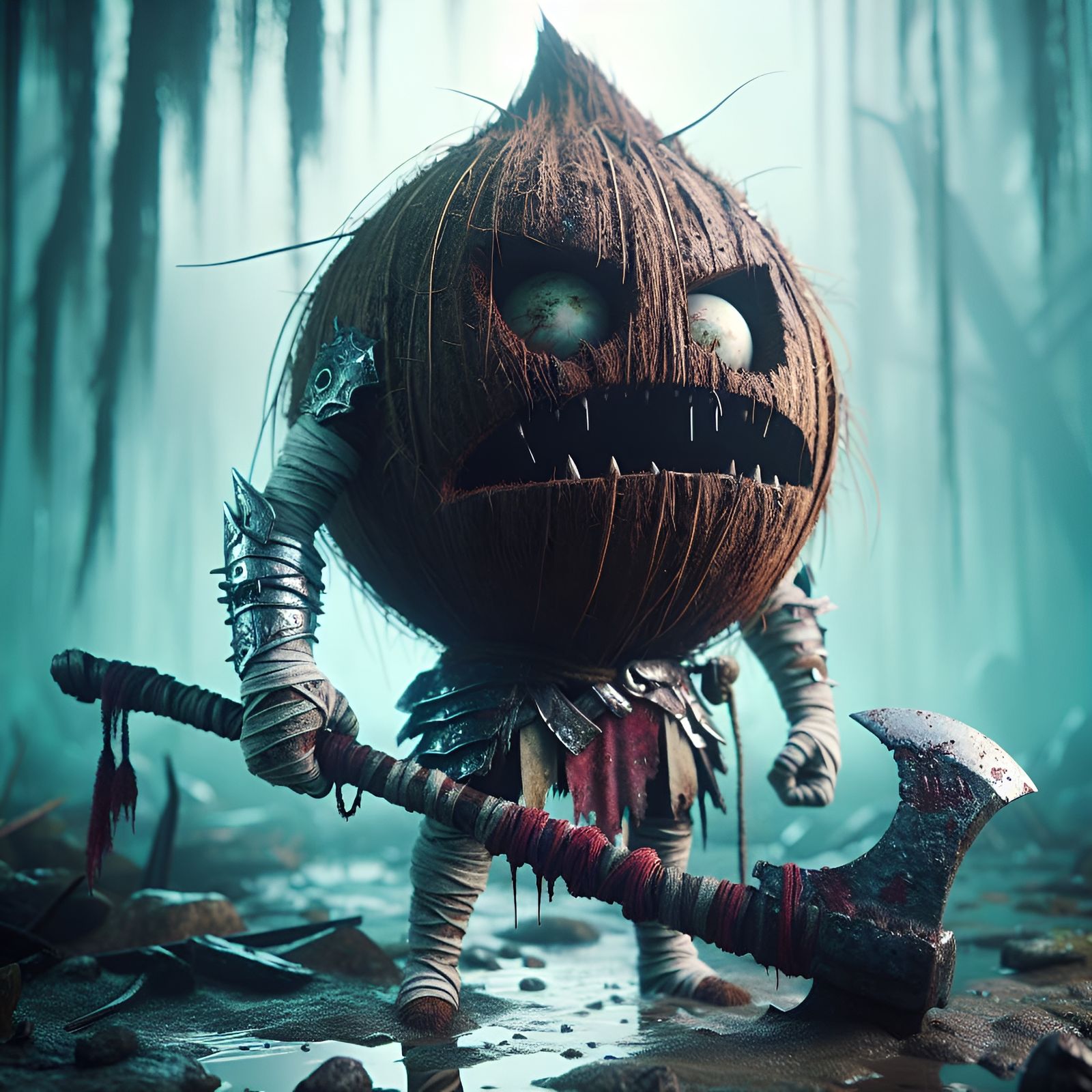 Coconut Warrior in Dystopian Swamp: Hyperrealistic Analog Ph...