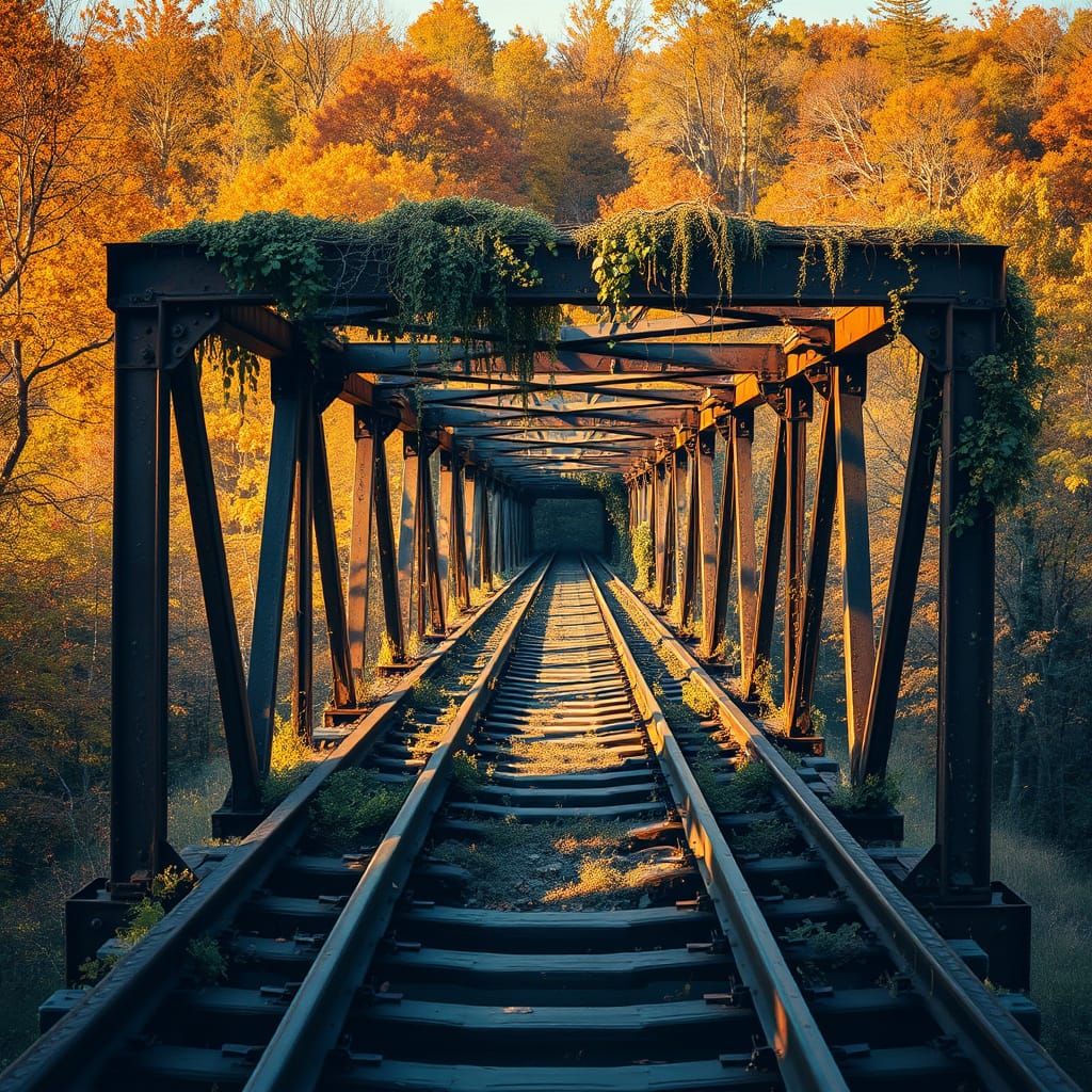 Abandoned Railway Bridge in Autumnal Forest Landscape
