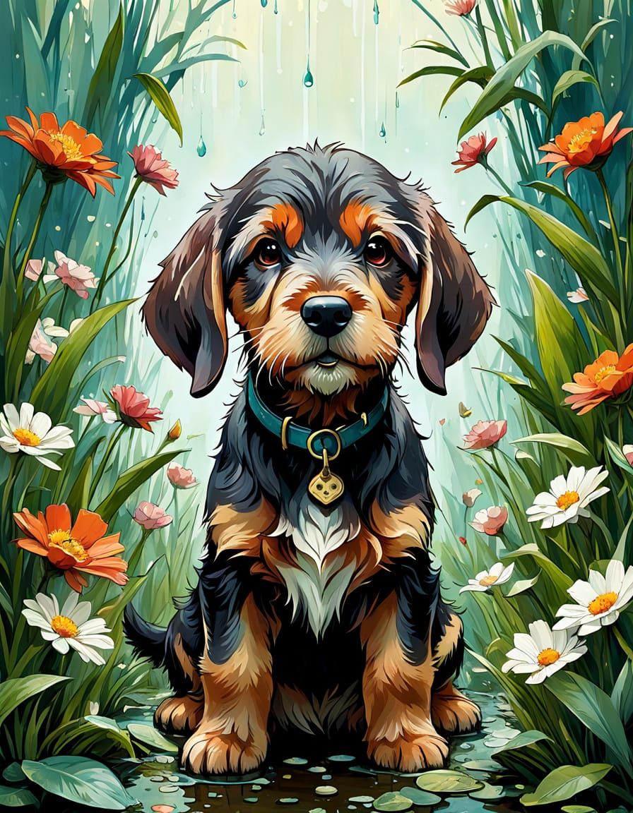 Adorable Otterhound Puppy in Floral Spring Digital Art