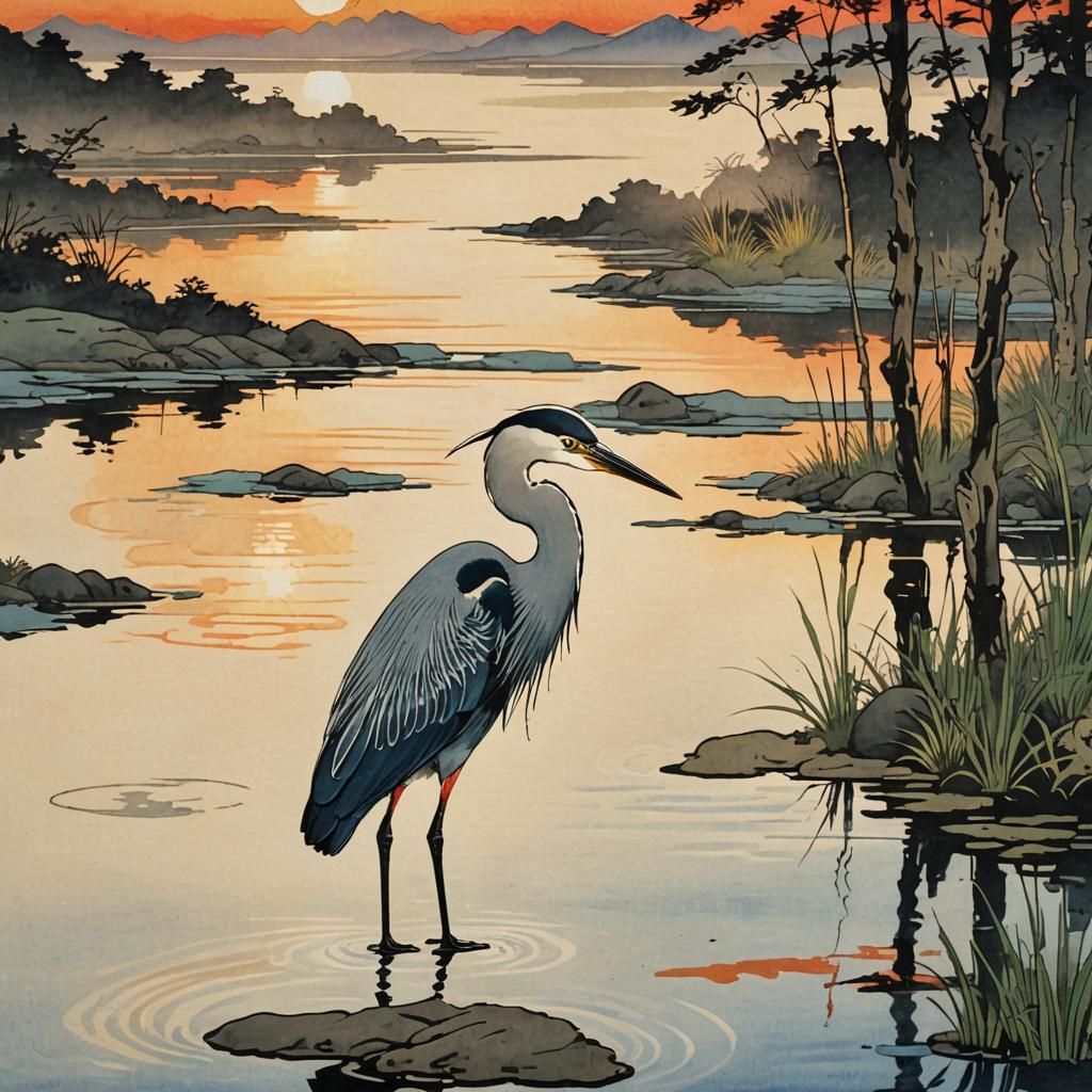 Heron at Sunset: Ukiyo-e Woodblock Print in Hokusai Style