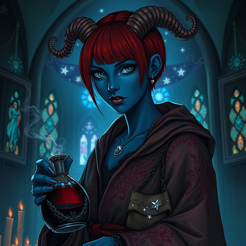 Surreal Dark Fantasy Goddess in Chapel, Deep Blue Skin, Twis...