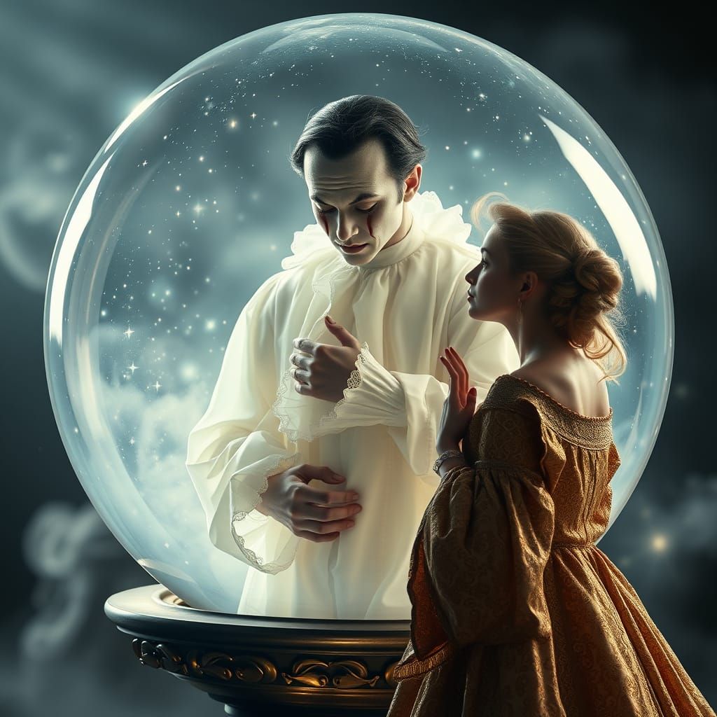 Sorrowful Pierrot in a Radiant Crystal Orb, Enchanted by Col...