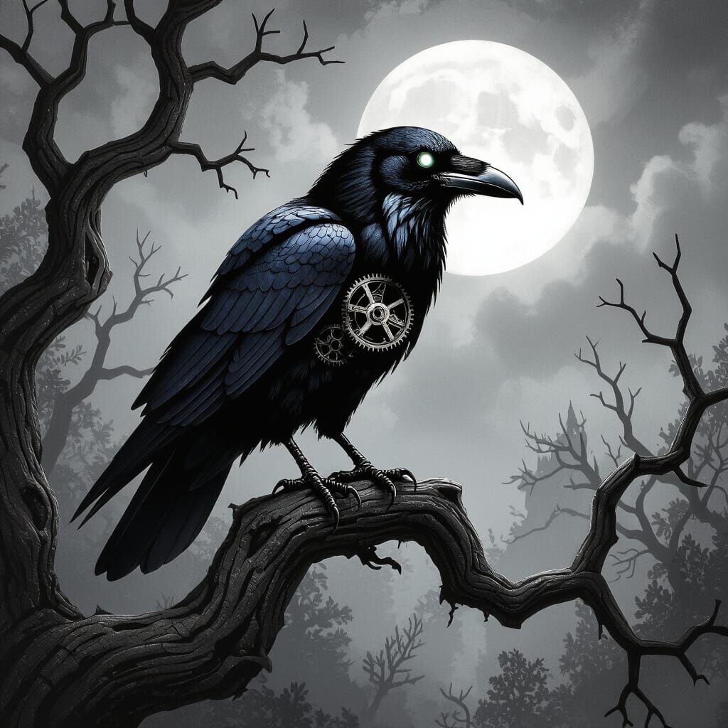 Clockwork Raven in Dark Forest: A Noir Scene