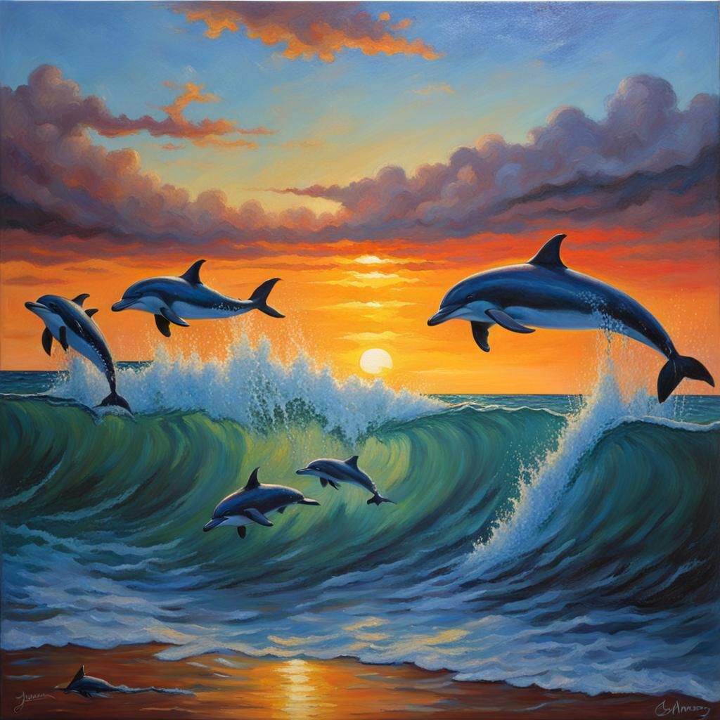 Maui Sunset with Dolphins: Oil Painting