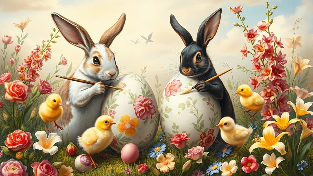 Easter Egg Painting by Rabbits and Chicks