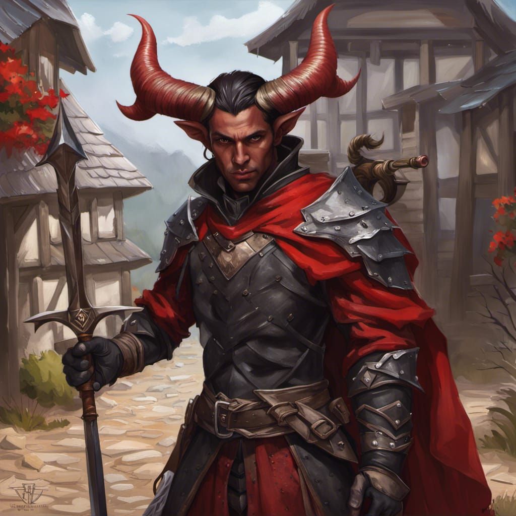 Tiefling Mercenary Portrait in Fantasy Village