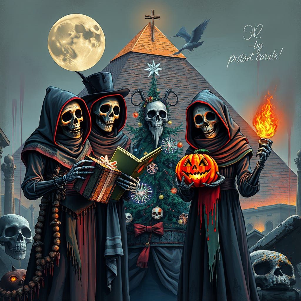 Undead Carolers Haunt Egyptian Pyramid in Splash Art Style