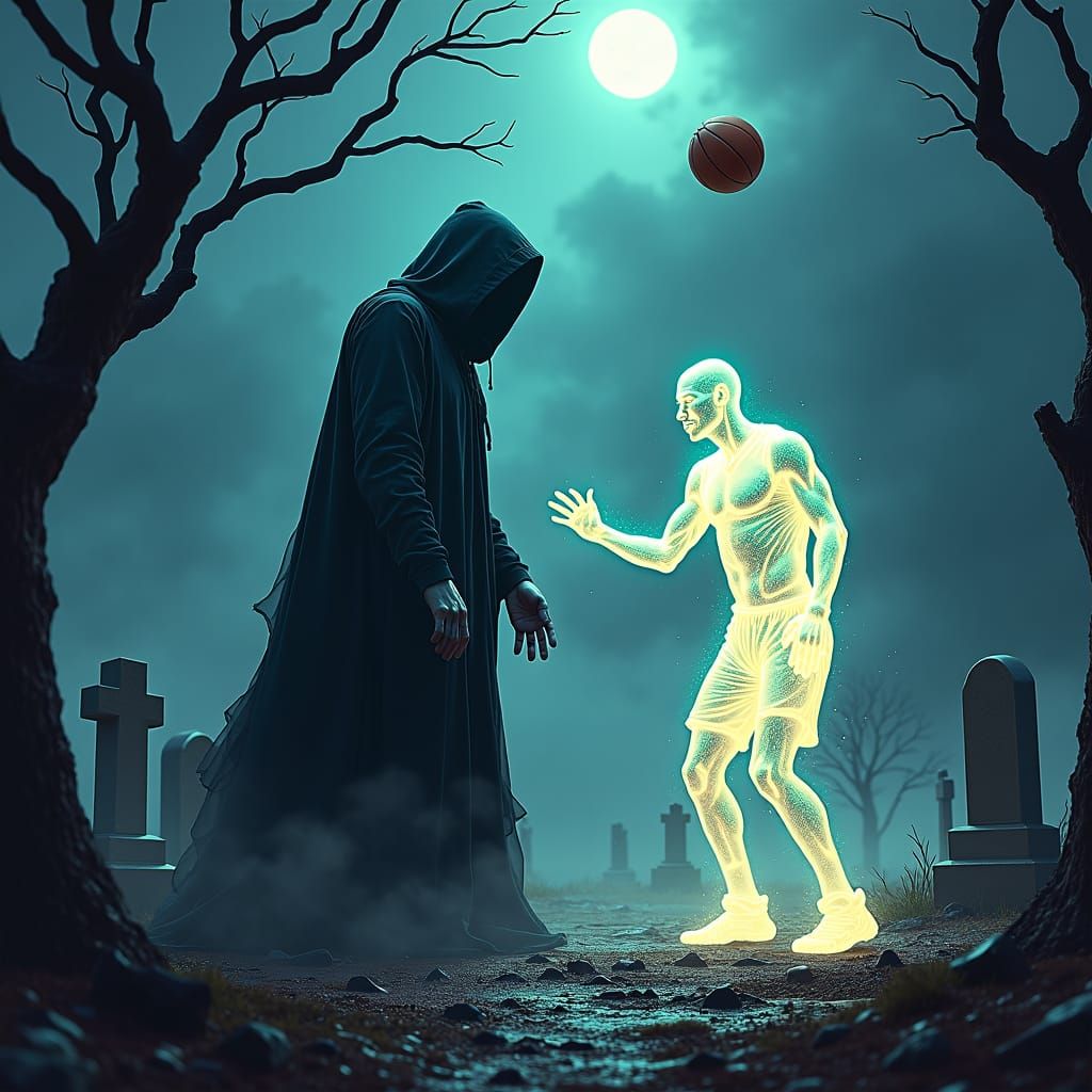 Scary grim reaper in a cemetery, plays  Basketball one-on-on...