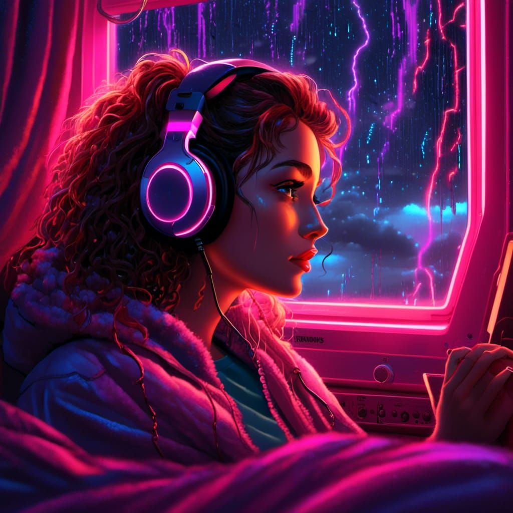 Woman Listening to Music in Cyberpunk Bedroom