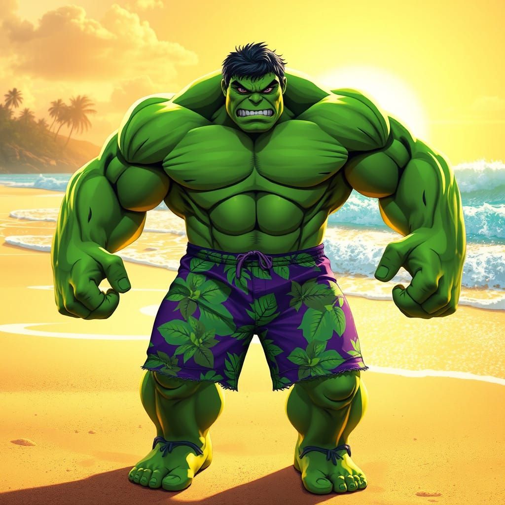 Hulk in Vibrant Hawaiian-Print Beachwear