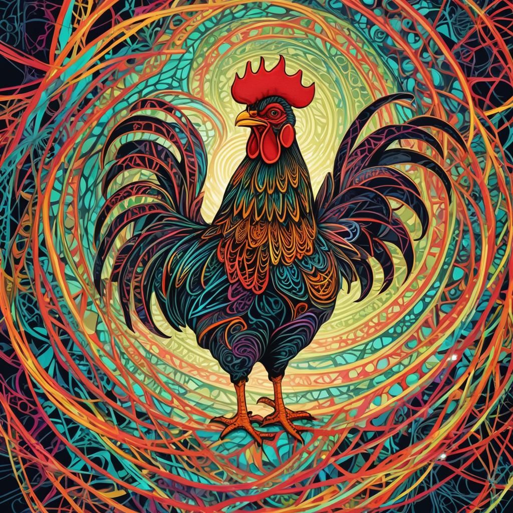 Neon String Rooster: Abstract Digital Art