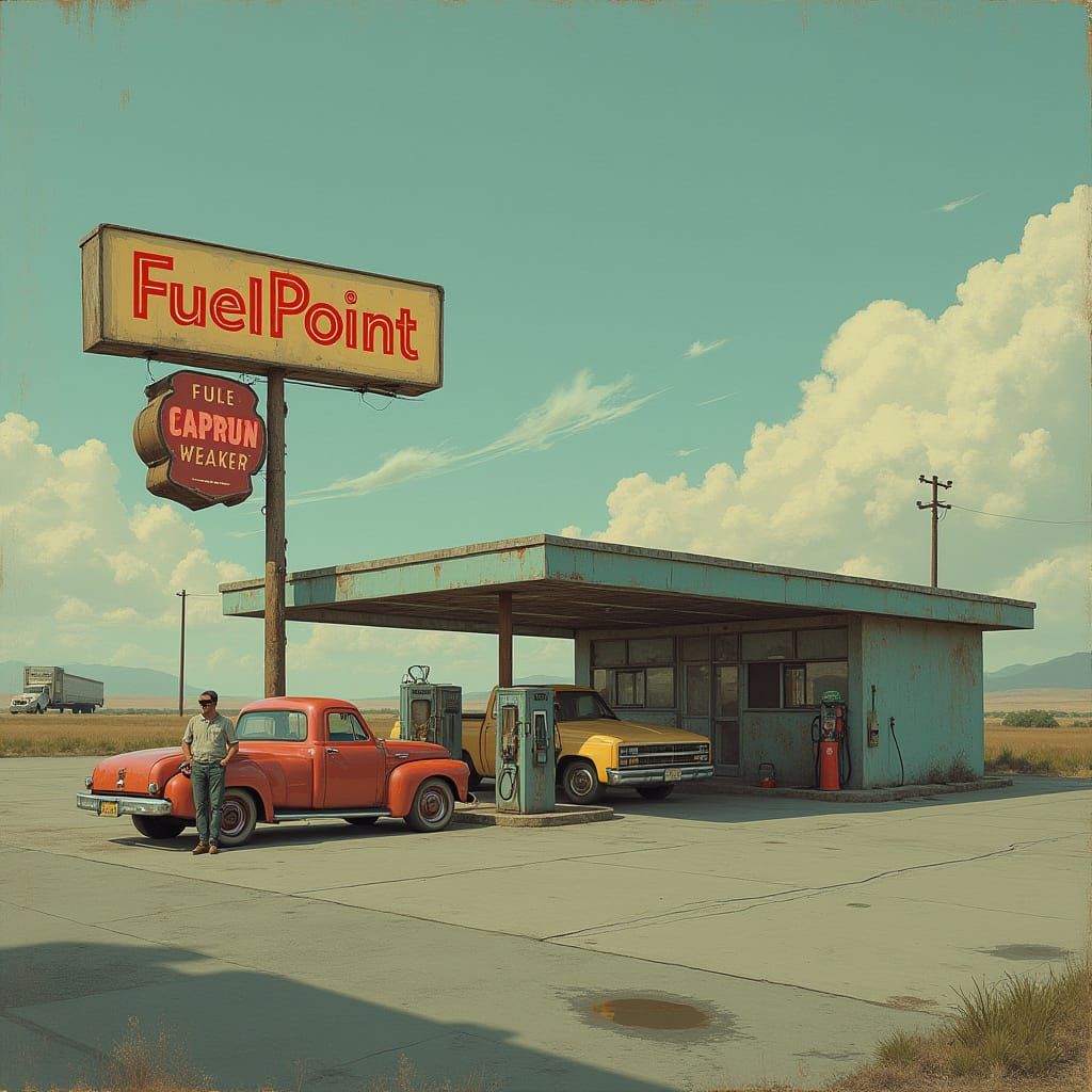 Gas Station Rest Stop in Nostalgic Realism Style