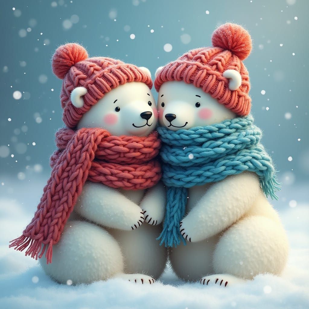 Cozy Polar Bears in Snowy Tundra, Whimsical Airbrushed Oil P...