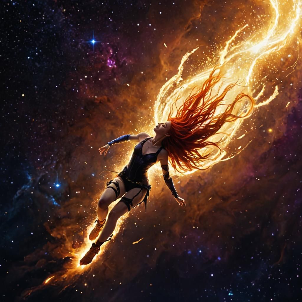Fiery Haired Woman Falls Through Nebula in Space