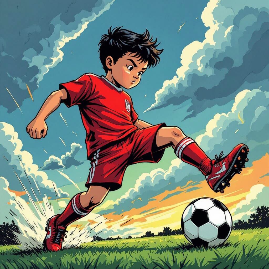 Giant Boy Kicks Soccer Ball Under Dramatic Sky