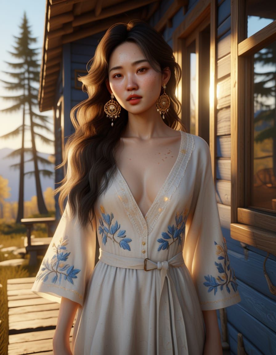 Korean Woman Outside Cabin as Baroque Oil Painting