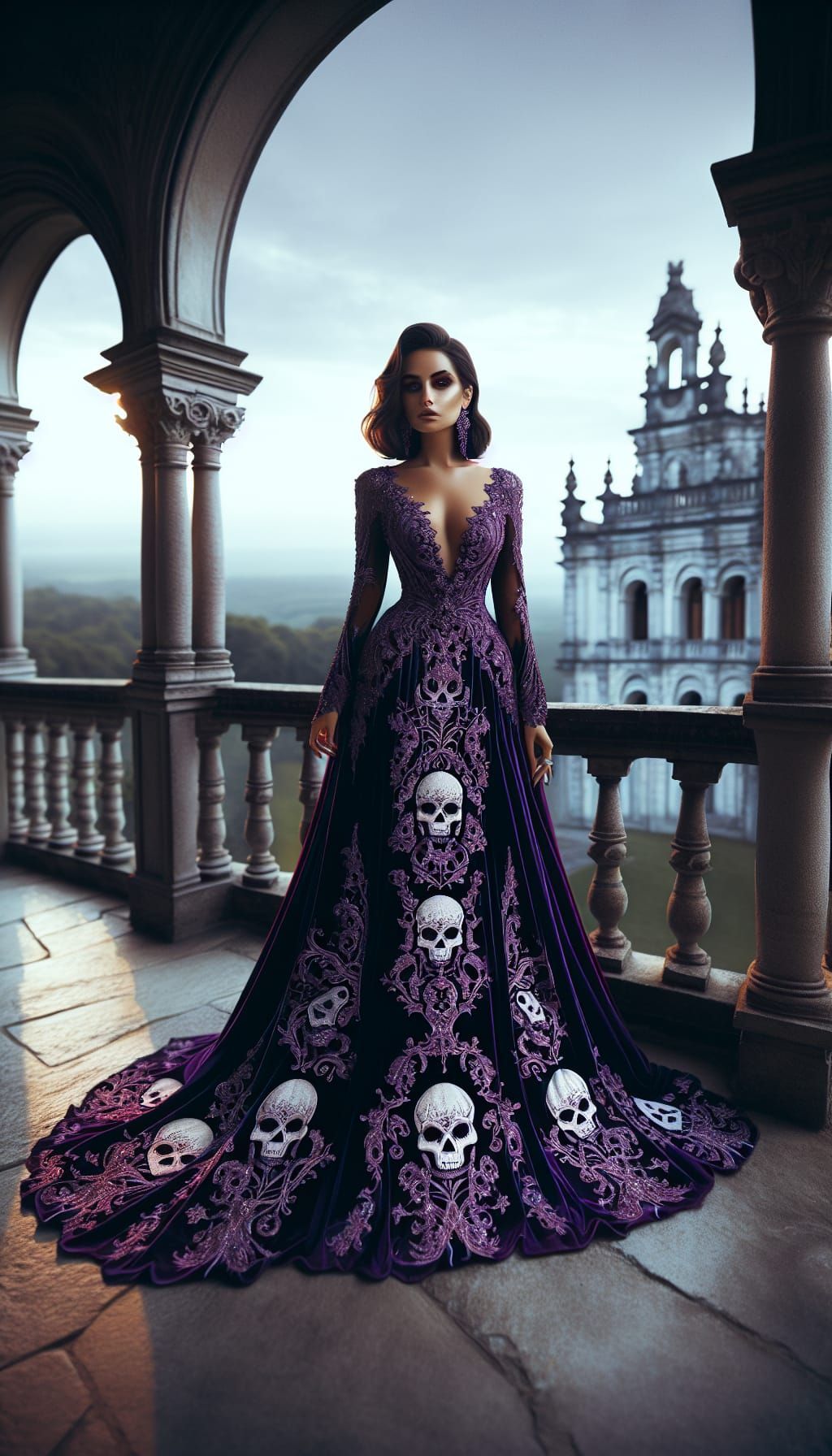 purple gown, embroidered with skulls