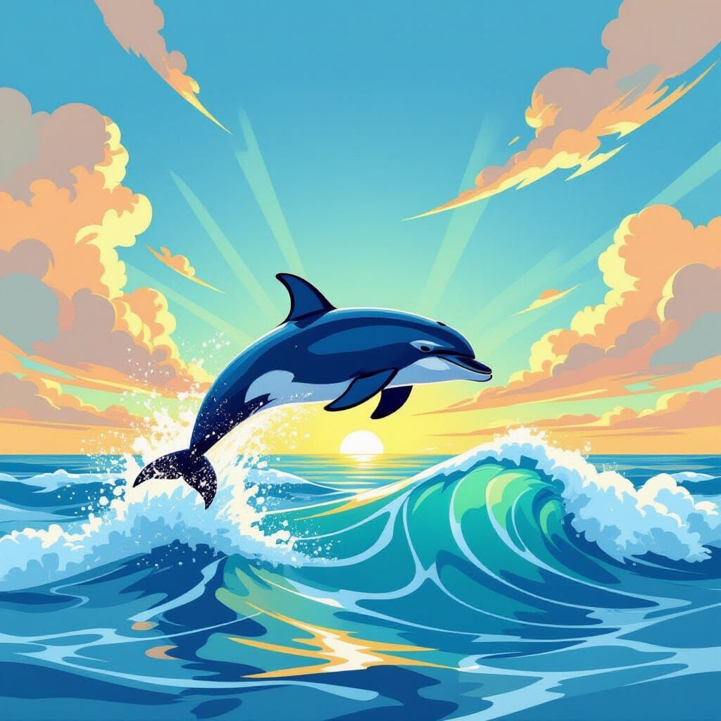 Joyful Dolphin Leaping Over Waves in Modern Art Style
