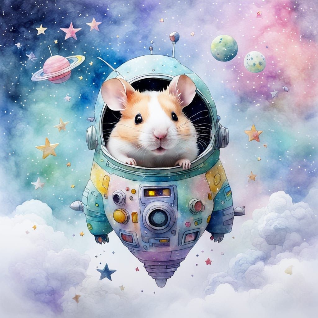 Whimsical Watercolour Hamster Soars Through Cosmic Skies